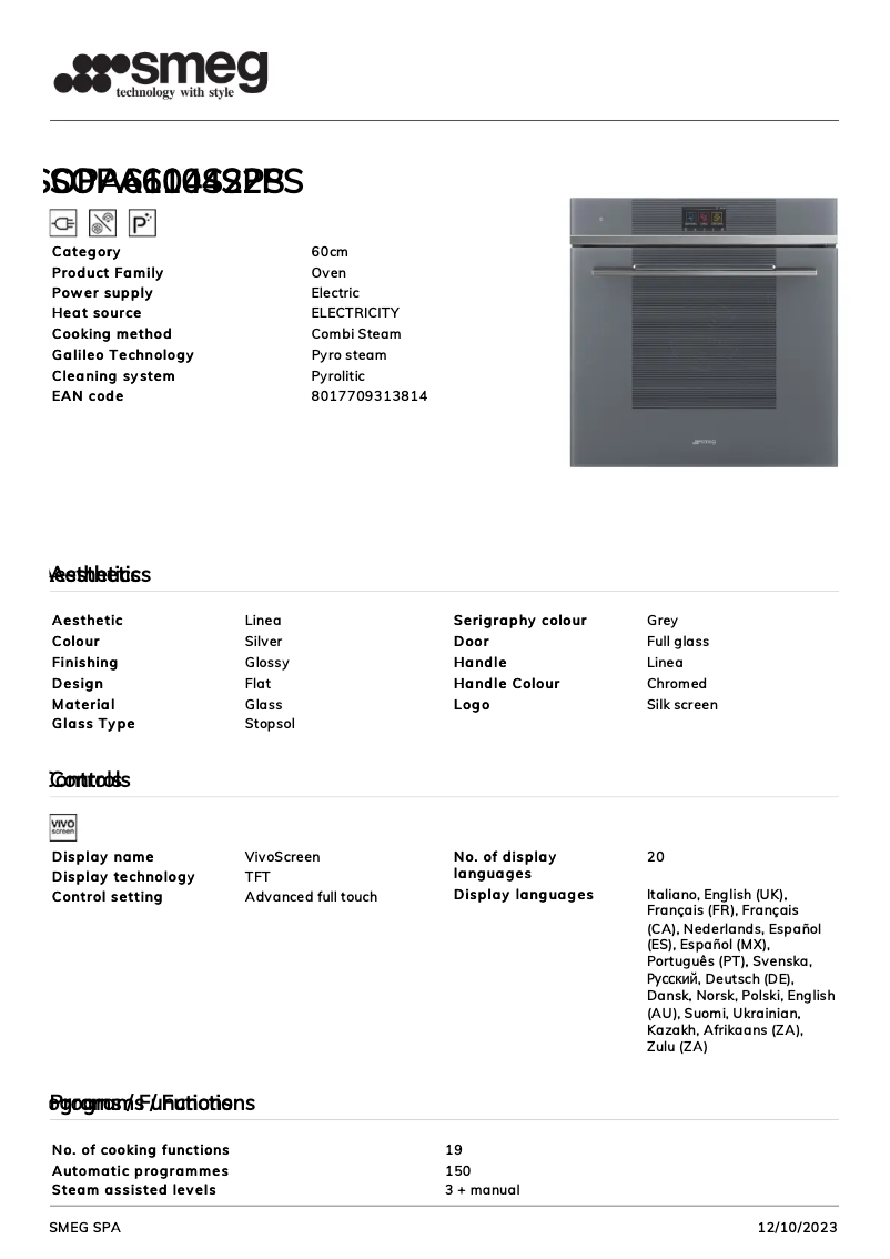 Page n°1 - Fiche technique Smeg SOPA6104S2PS