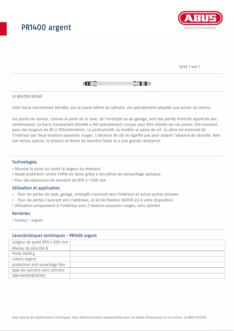 Page 1 de la notice Fiche technique Abus PR1400