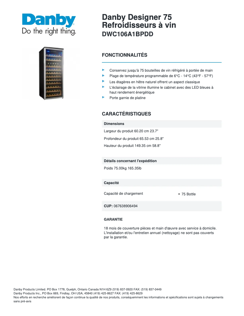 Page 1 de la notice Fiche technique Danby DWC106A1BPDD