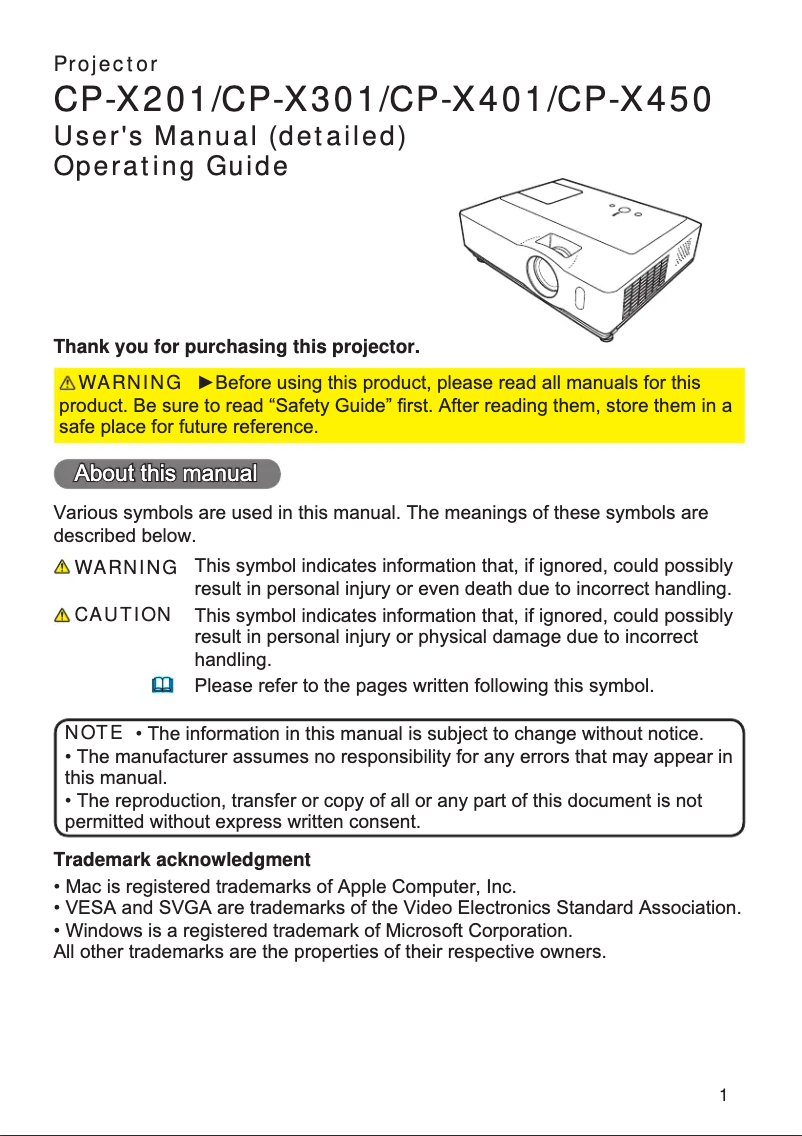 Page 1 de la notice Manuel utilisateur Hitachi CP-X401