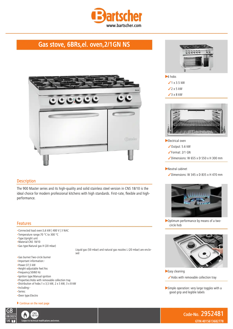 Page n°1 - Fiche technique Bartscher 2952481