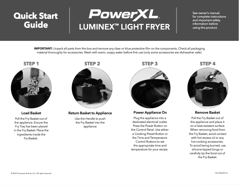Page 1 de la notice Guide de démarrage rapide PowerXL Luminex Light Fryer AF3052