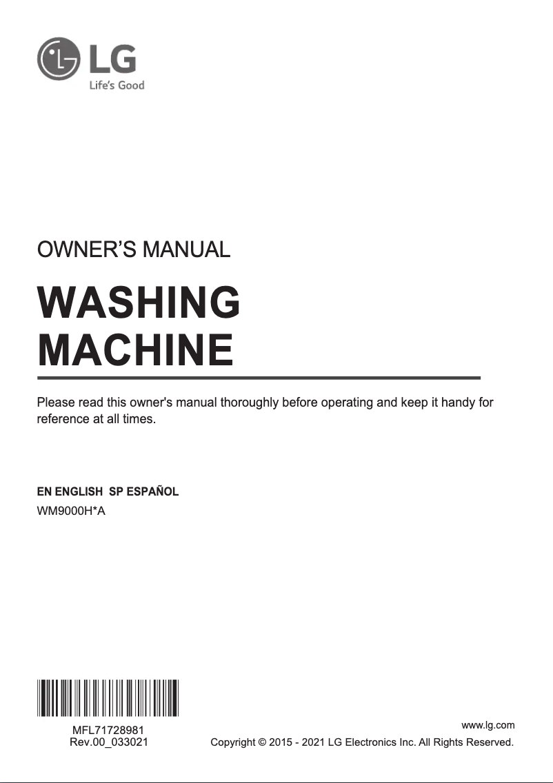 Page 1 de la notice Manuel utilisateur LG WM9000HWA