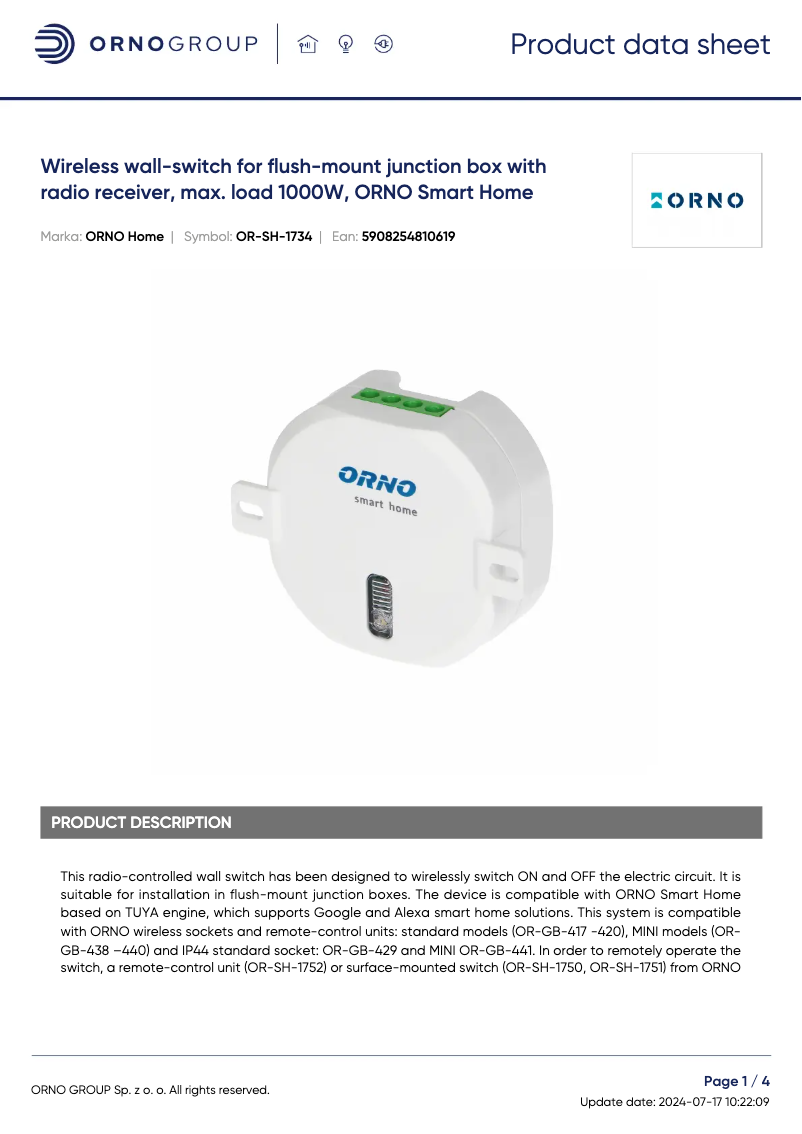 Page 1 de la notice Fiche technique ORNO OR-SH-1734