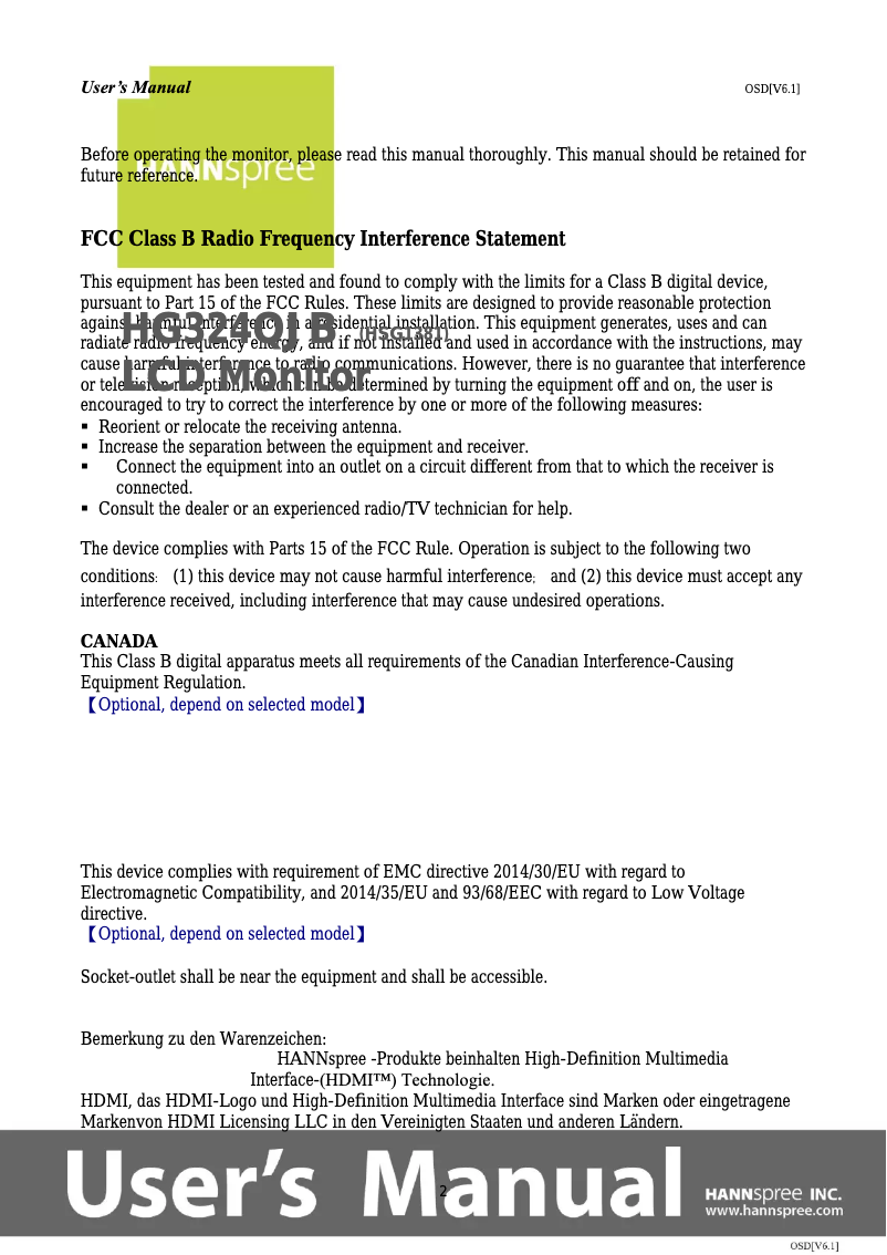 Image de la première page du manuel de l'appareil HG 324 QJB