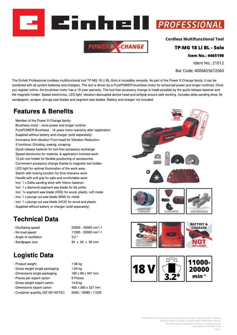 Page n°1 - Fiche technique Einhell TP-MG 18 Li BL