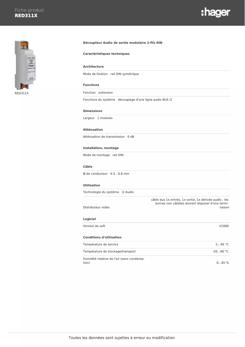 Page 1 de la notice Fiche technique Hager RED311X