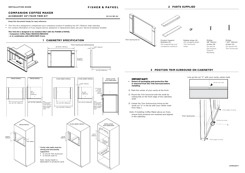 Page 1 de la notice Guide d'installation Fisher & Paykel TK76NDB1