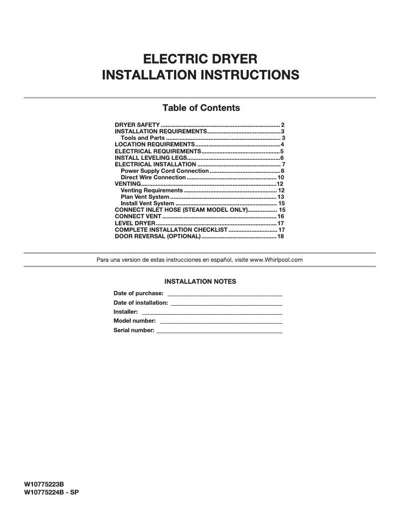 Page n°1 - Guide d'installation Whirlpool WED92HEF