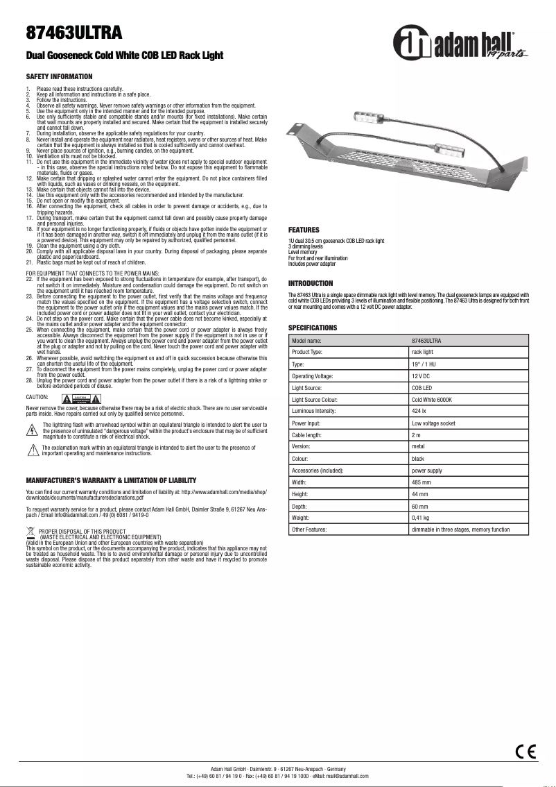 Page 1 de la notice Manuel utilisateur Adam Hall 87463ULTRA