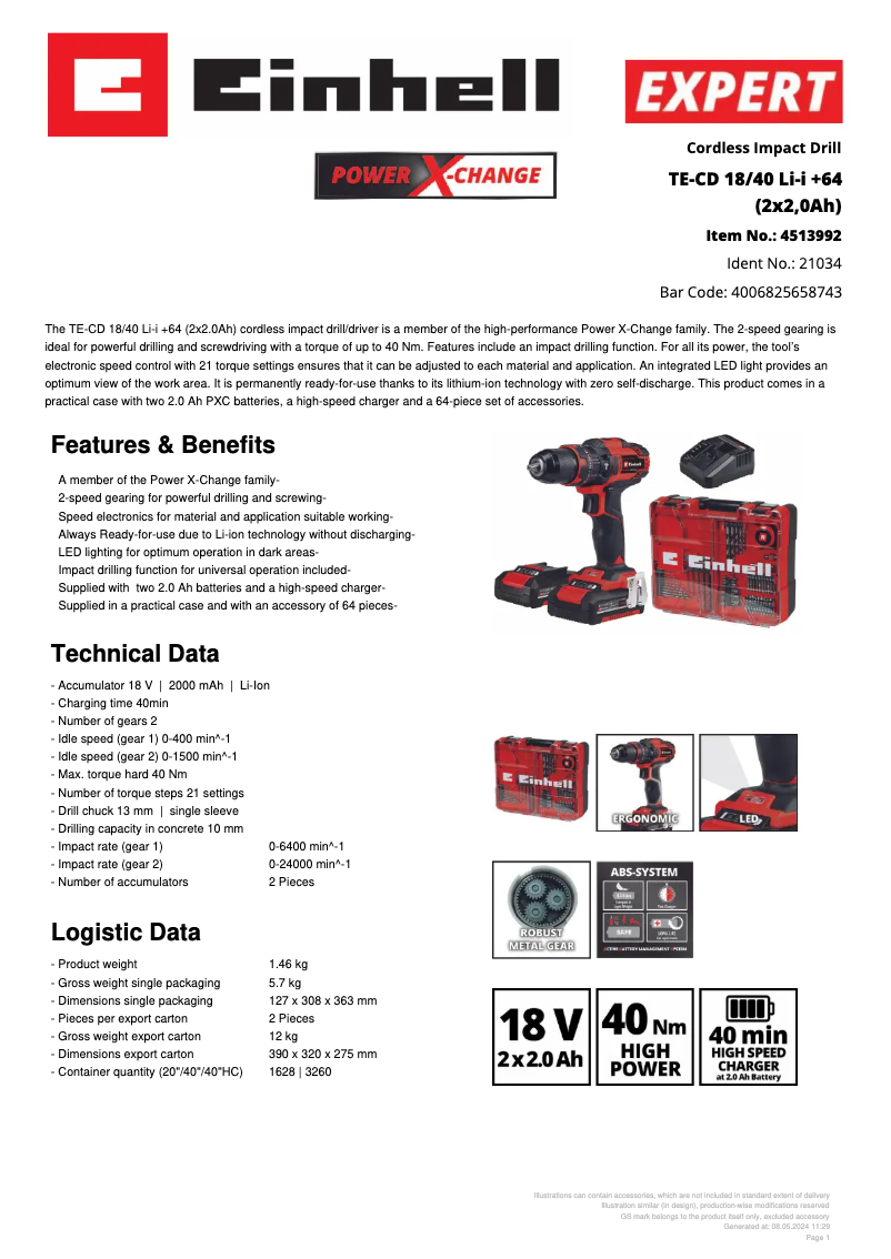 Page 1 de la notice Fiche technique Einhell TE-CD 18/40 Li-i