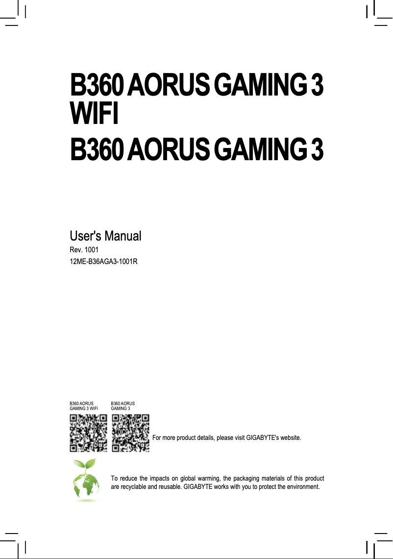 Page 1 de la notice Manuel utilisateur Gigabyte B360 Aorus Gaming 3 Wifi