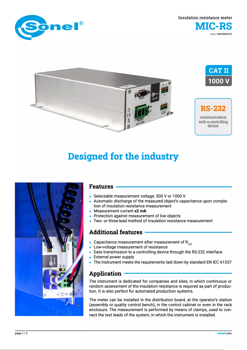 Page 1 de la notice Fiche technique Sonel MIC-RS