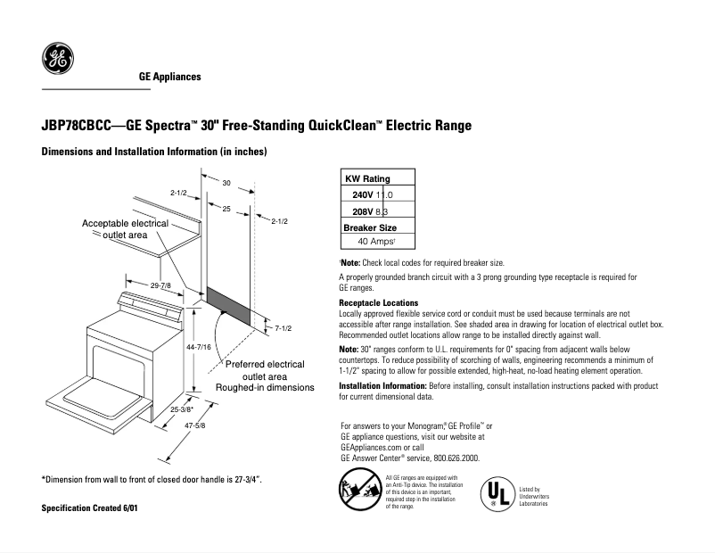 First page image of the manual for Spectra JBP78CBCC