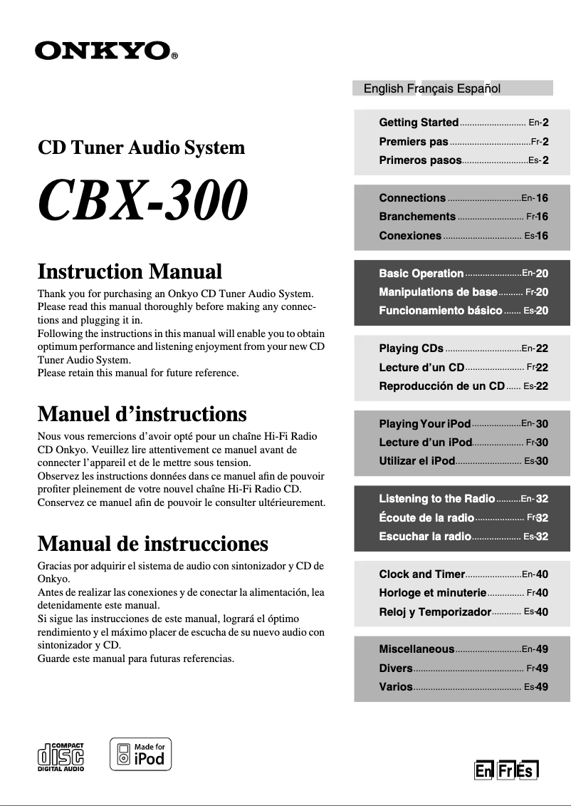 Page 1 de la notice Manuel utilisateur Onkyo CBX-300
