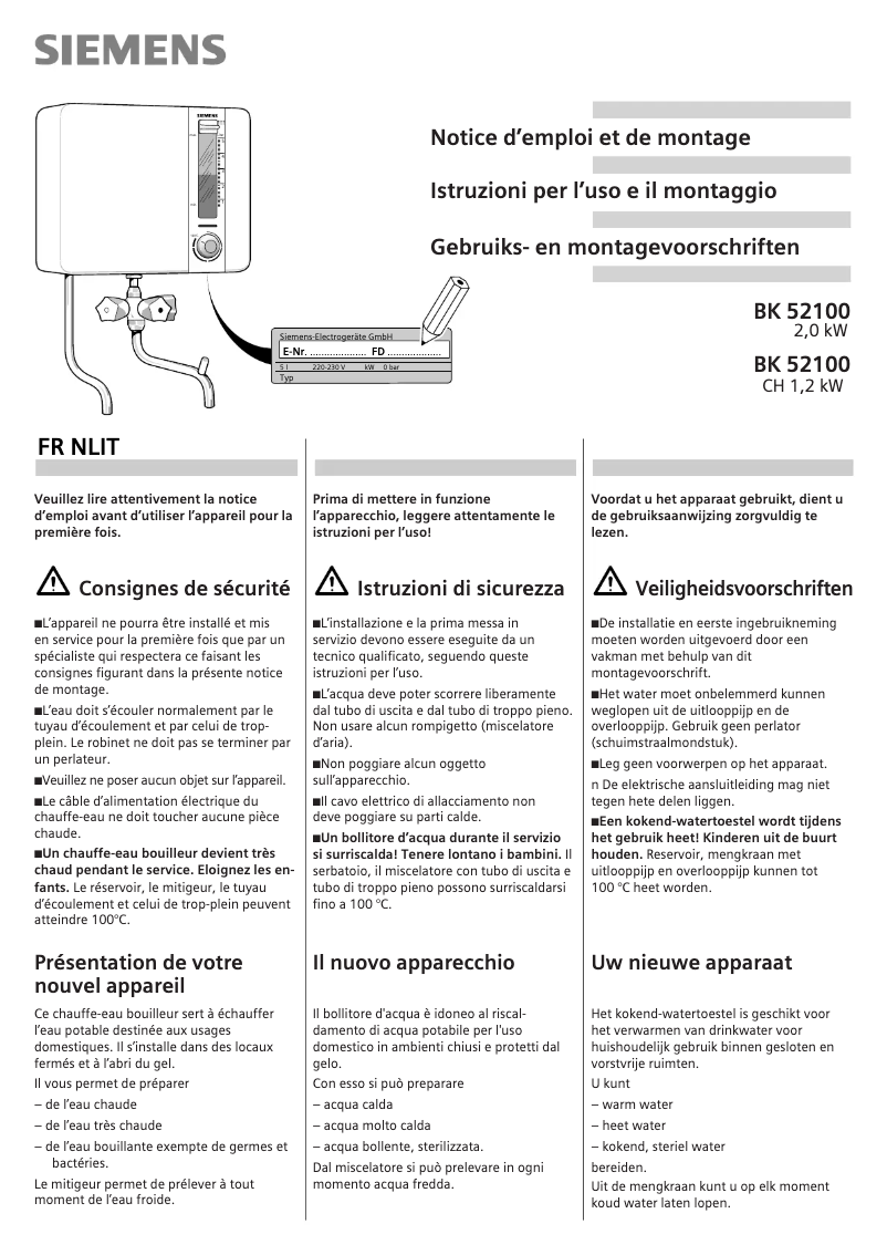 Page 1 de la notice Manuel utilisateur Siemens BK52100