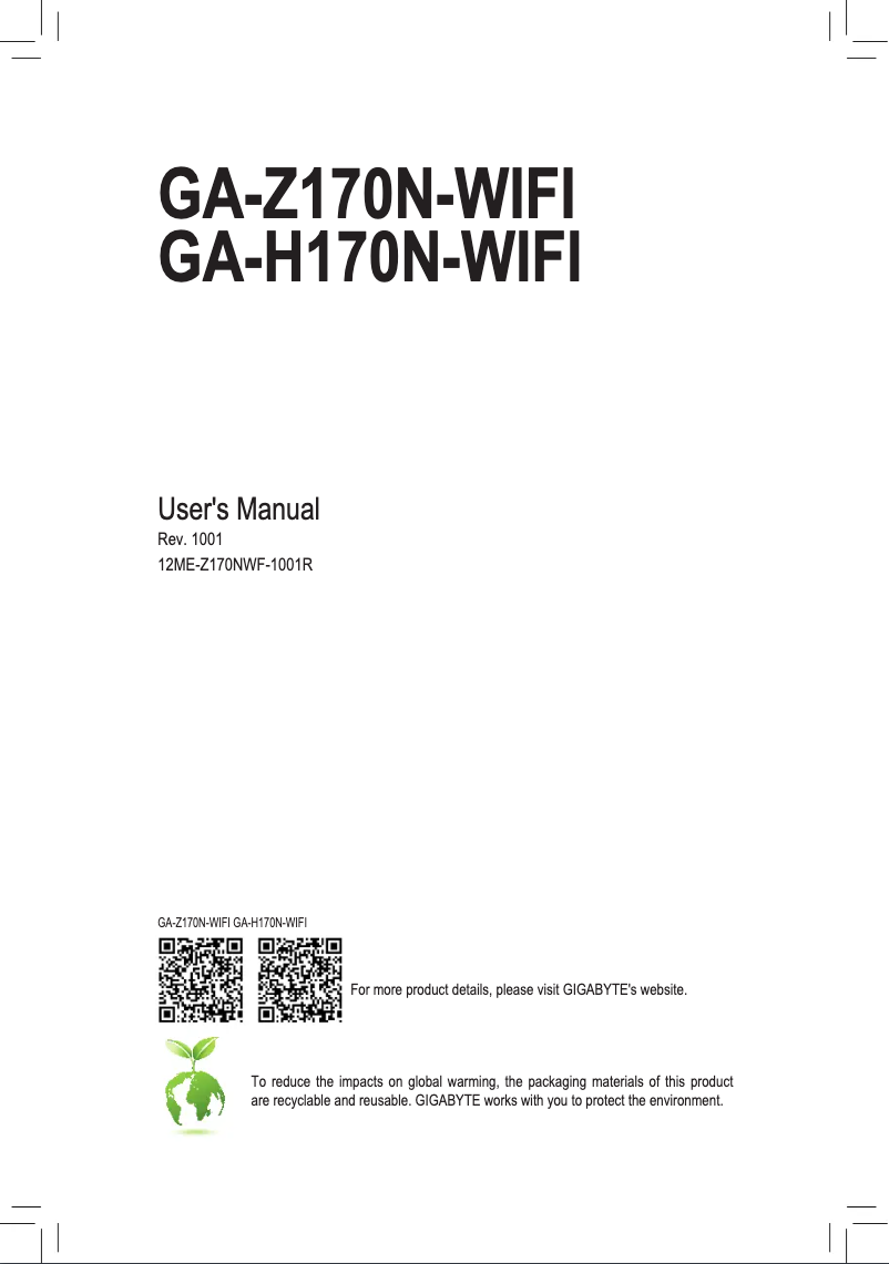 Page 1 de la notice Manuel utilisateur Gigabyte GA-Z170N-WIFI