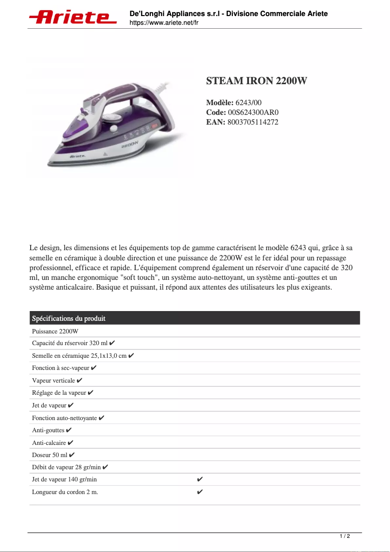 Page 1 de la notice Fiche technique Ariete 6243