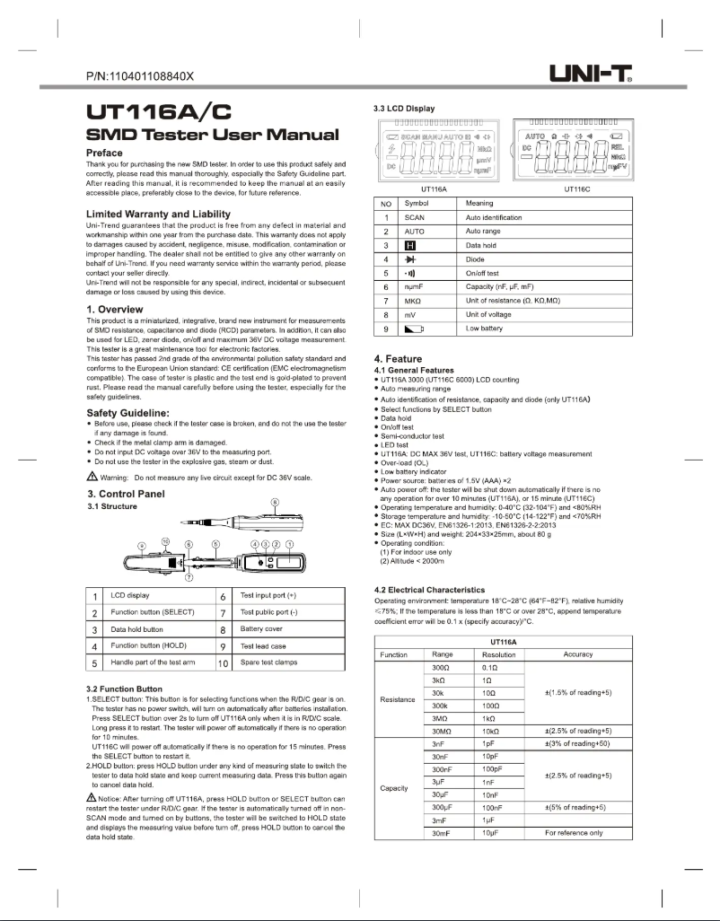 Page n°1 - Manuel utilisateur Uni-T UT116C