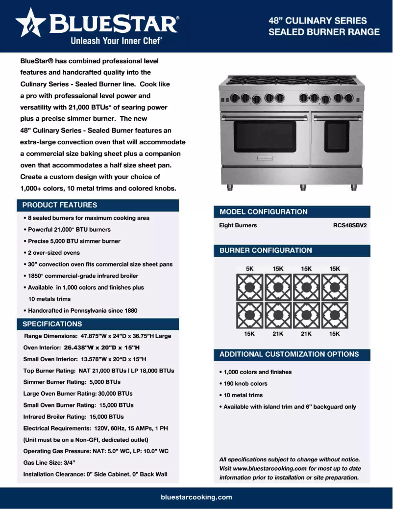 Page 1 de la notice Fiche technique BlueStar RCS48SBV2CPLT