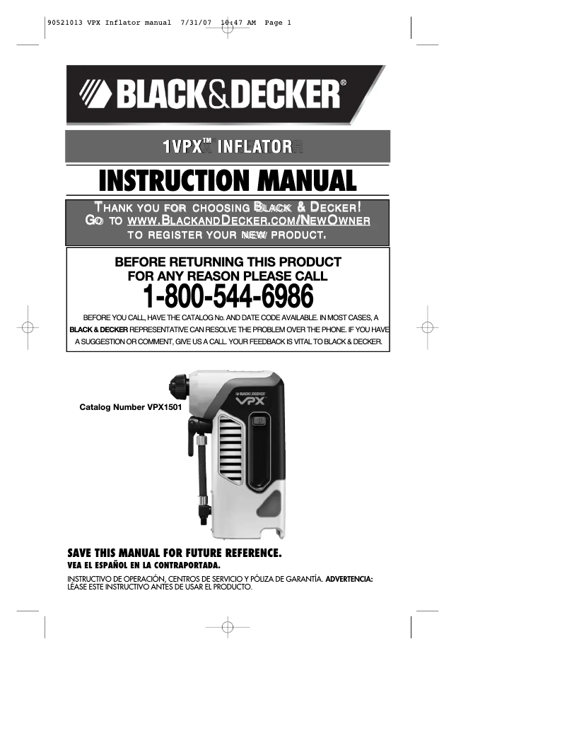 Page 1 de la notice Manuel utilisateur Black & Decker VPX1501