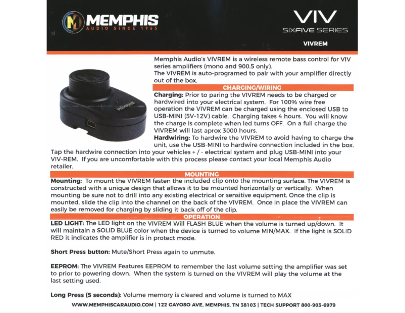 Page 1 de la notice Manuel utilisateur Memphis Audio Vivrem Six Five