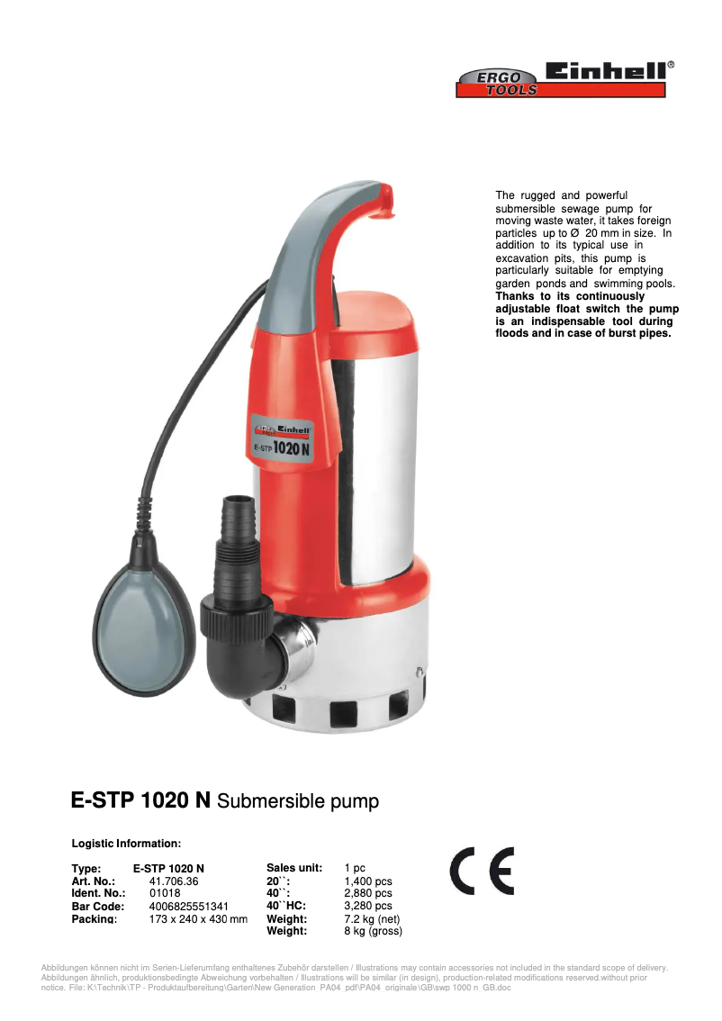 Page 1 de la notice Manuel utilisateur Einhell E-STP 1020 N