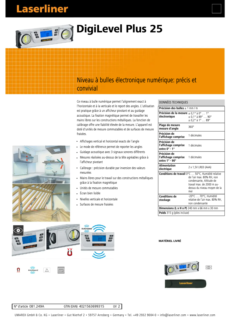 Page 1 de la notice Fiche technique Laserliner DigiLevel Plus 25
