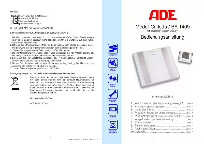 Image de la première page du manuel de l'appareil Carlotta BA 1409
