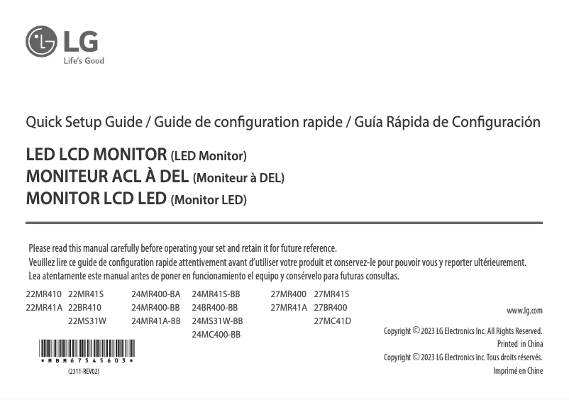 Page 1 de la notice Guide de démarrage rapide LG 24MR400