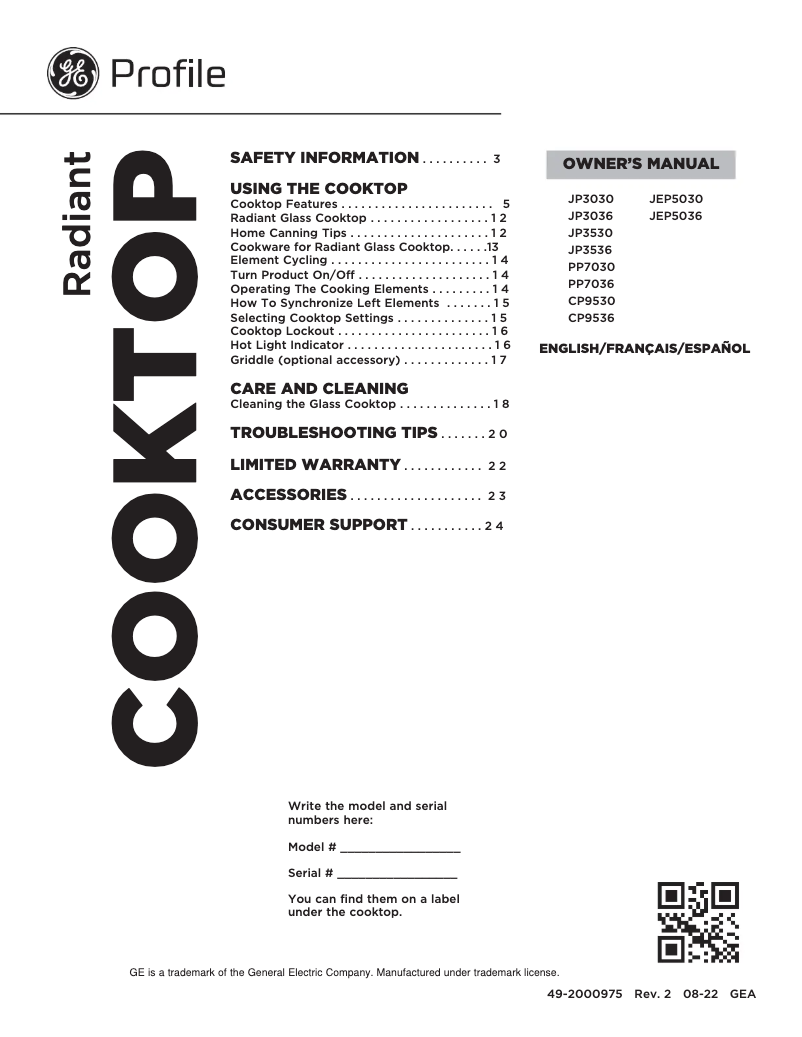 Page n°1 - Manuel utilisateur GE JP3036SLSS