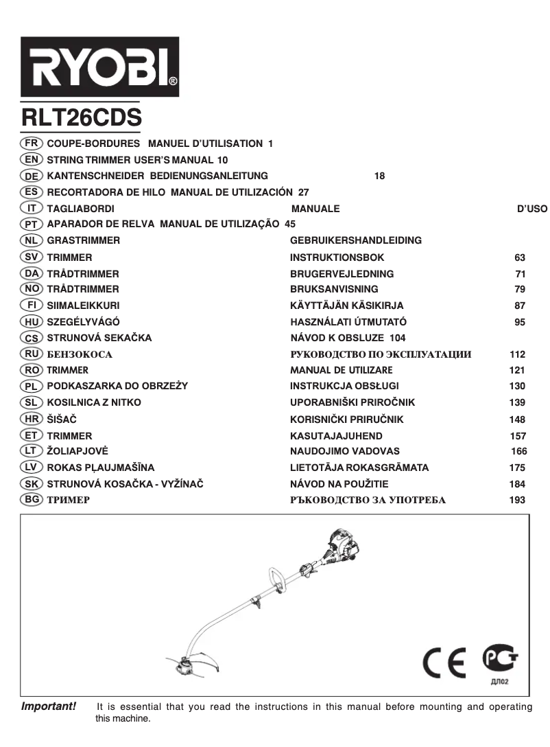 Page 1 de la notice Manuel utilisateur RYOBI RLT26CDS