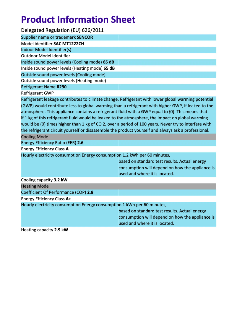 Page 1 de la notice Fiche technique Sencor SAC MT1222CH