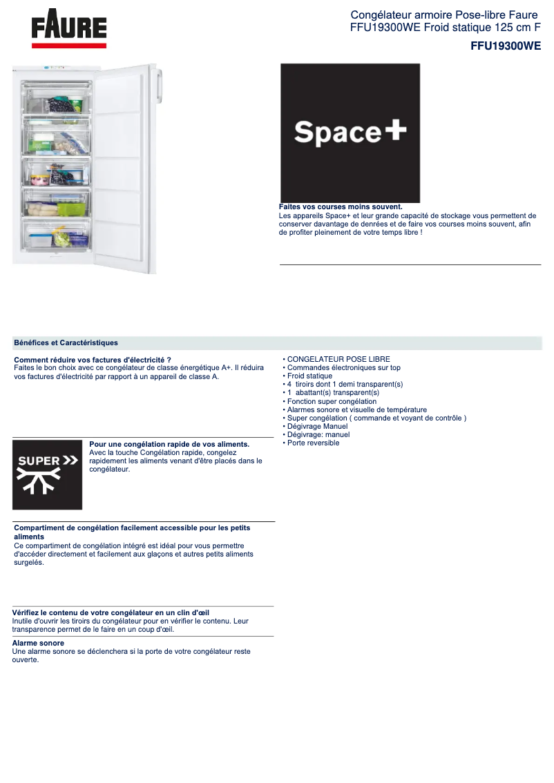 Page 1 de la notice Fiche technique Faure FFU19300WE