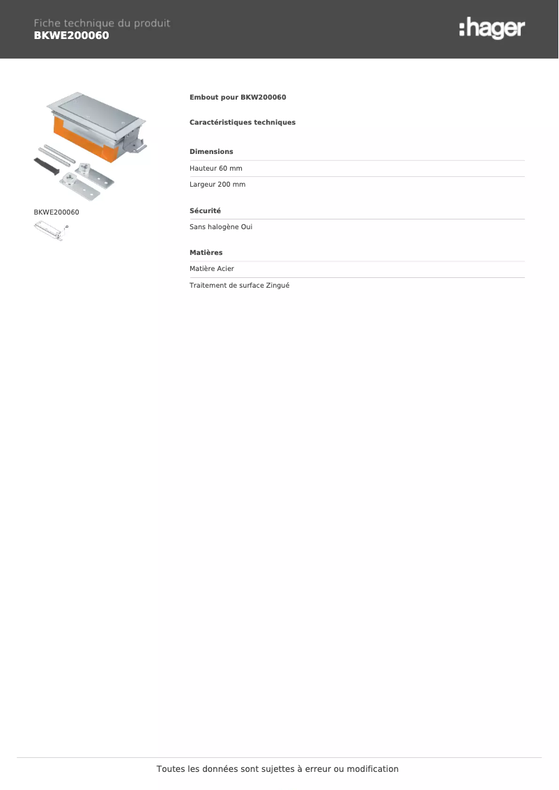 Page n°1 - Fiche technique Hager BKWE200060