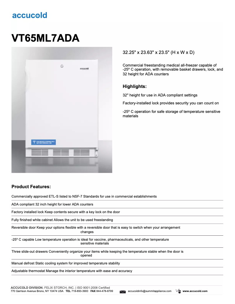 Page 1 de la notice Fiche technique Summit Accucold VT65ML7ADA