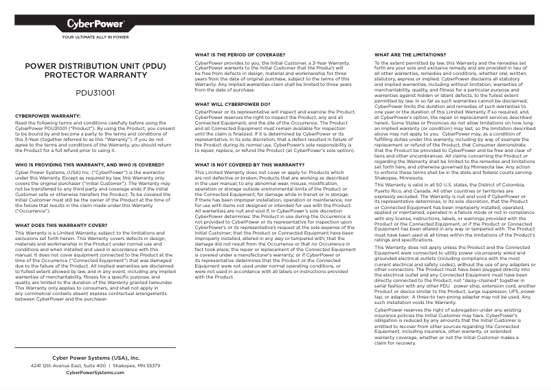 Page n°1 - Informations de garantie CyberPower PDU31001