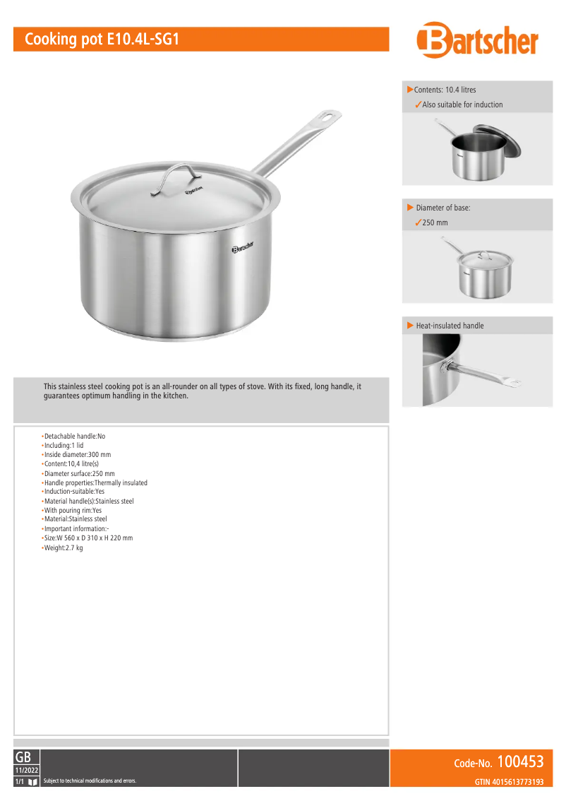 Page n°1 - Fiche technique Bartscher E10.4L-SG1