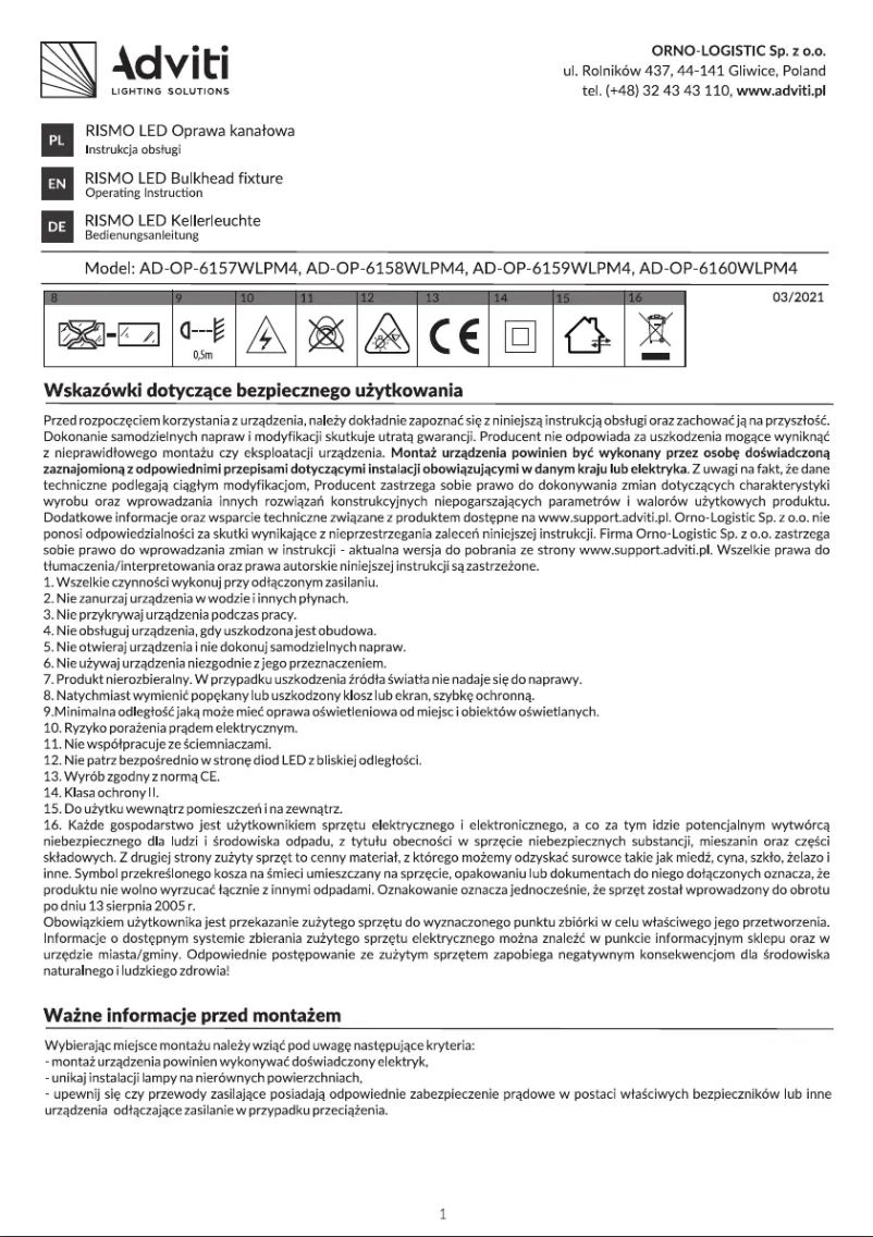 Page 1 de la notice Manuel utilisateur Adviti AD-OP-6158WLPM4