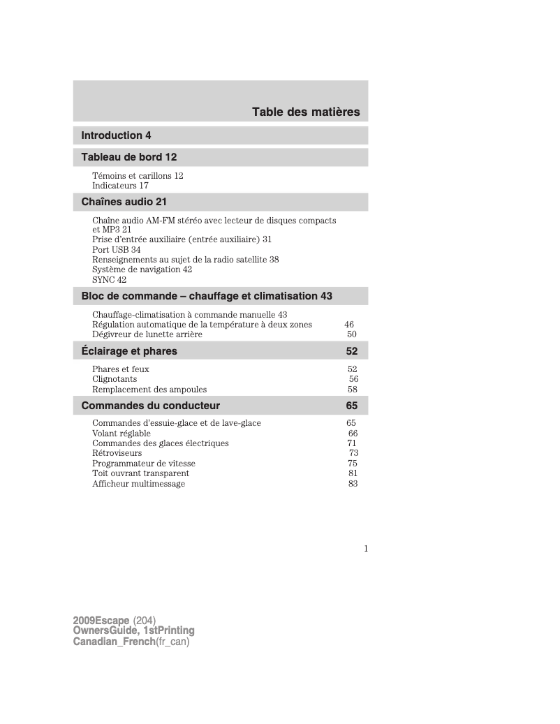 Image de la première page du manuel de l'appareil Escape (2009)