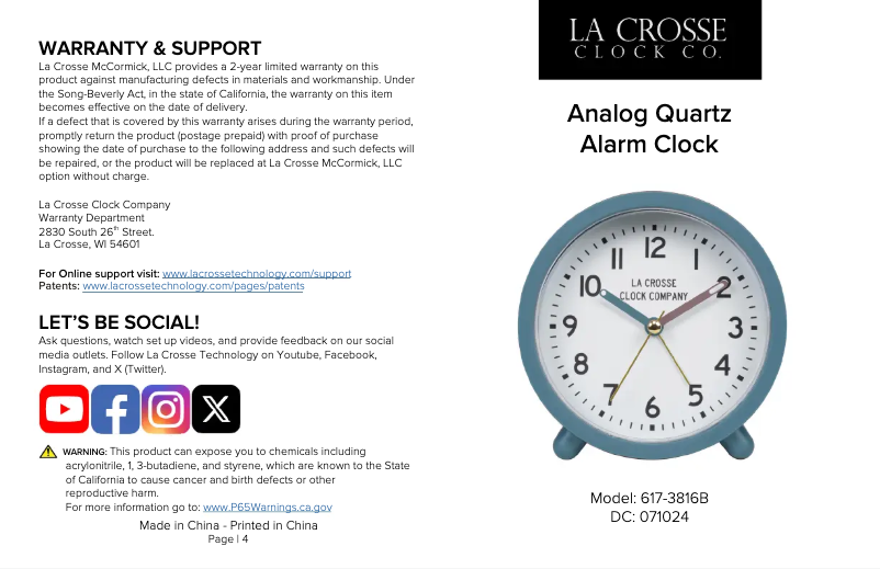 Page n°1 - Manuel utilisateur La Crosse Technology 617-3816B