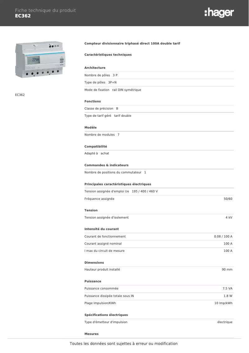 Page n°1 - Fiche technique Hager EC362