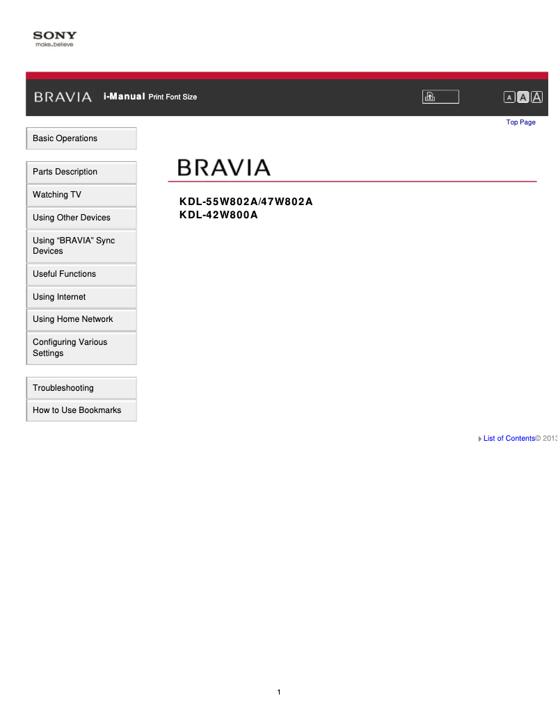 Page 1 de la notice Manuel utilisateur Sony Bravia KDL-47W802A