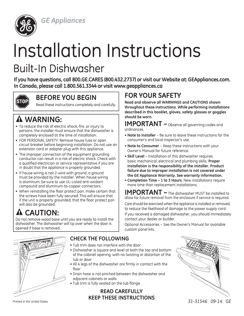 Page 1 de la notice Guide d'installation GE Profile PDT760SIJII