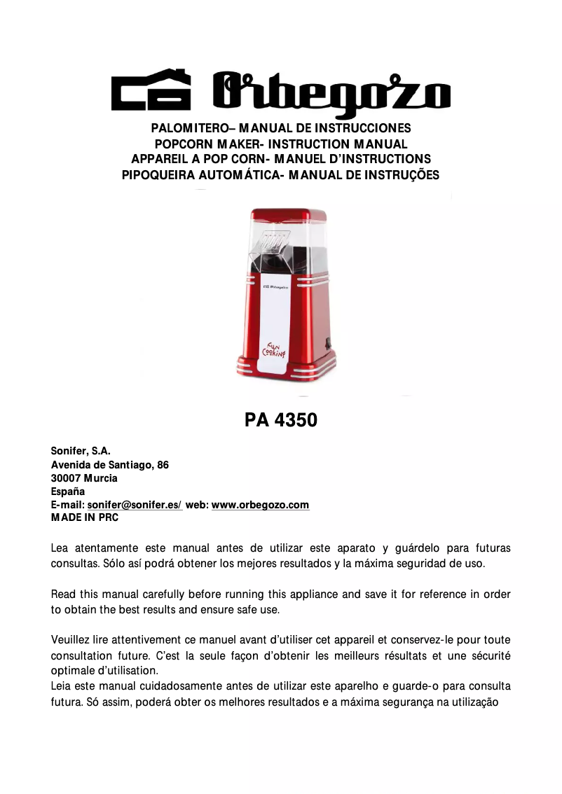 Page 1 de la notice Manuel utilisateur Orbegozo PA 4350