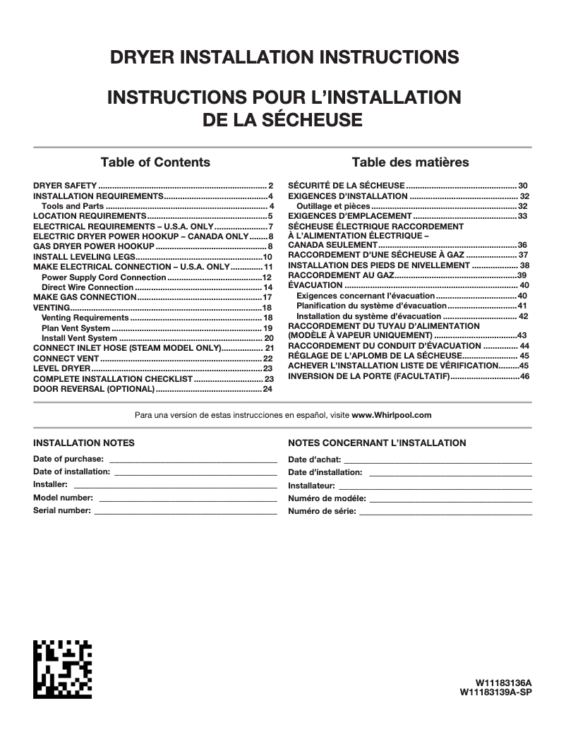 Page n°1 - Guide d'installation Whirlpool WGD7500GW