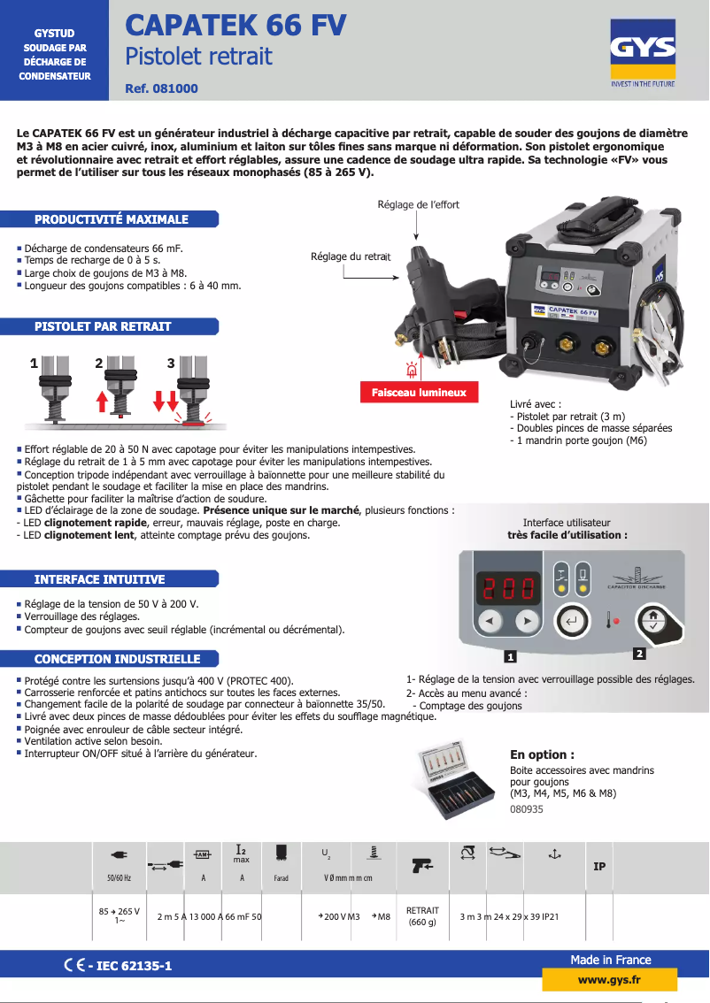 Page 1 de la notice Fiche technique GYS Capatek 66 FV