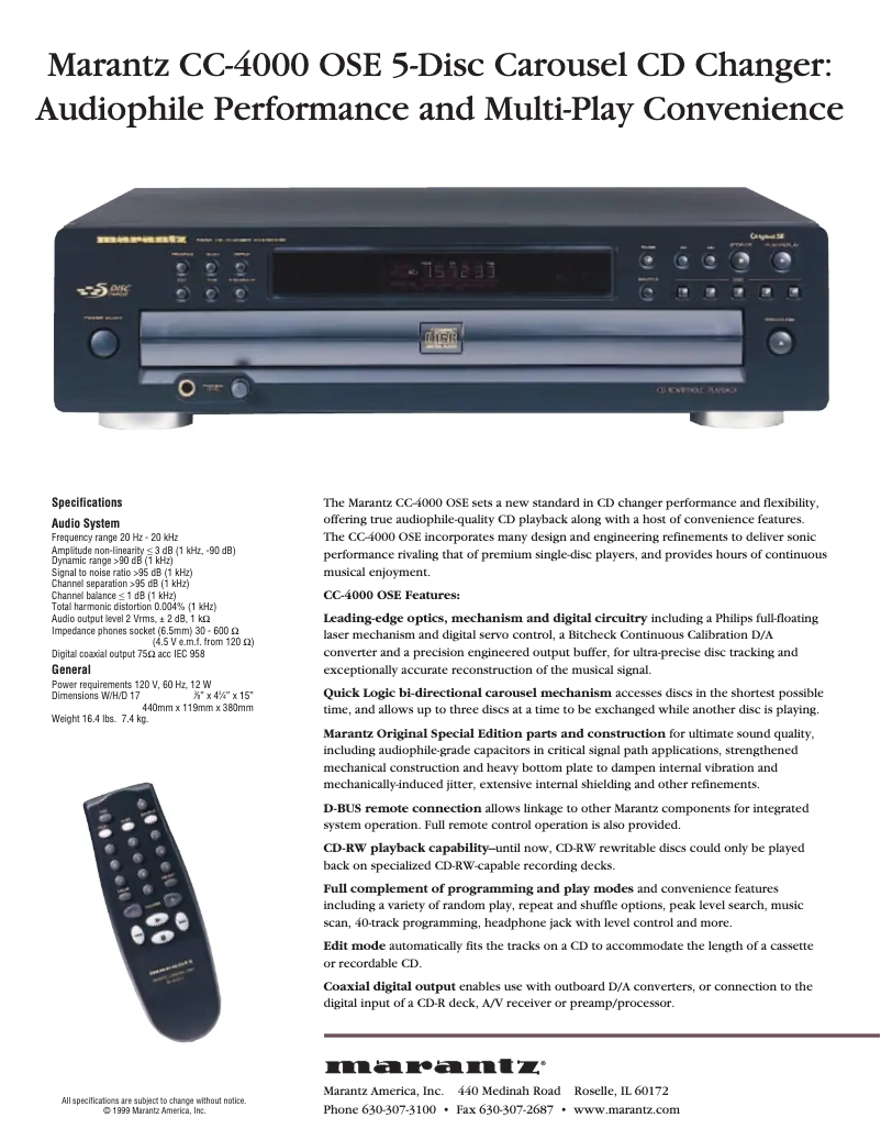 Page 1 de la notice Fiche technique Marantz CC4000 OSE