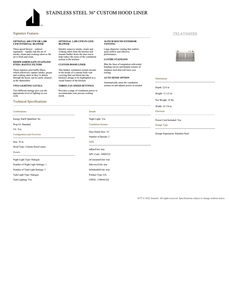 Page n°1 - Fiche technique JennAir JXL6536HSS