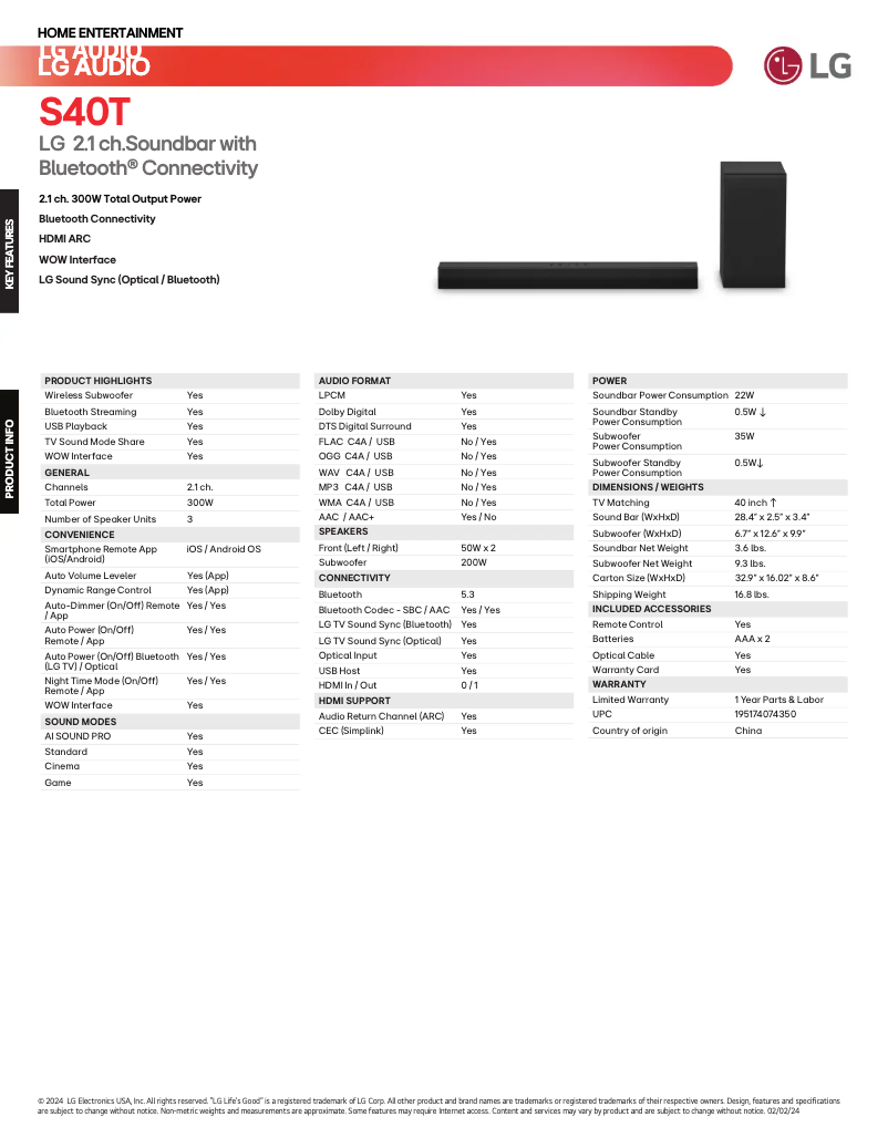 Page 1 de la notice Fiche technique LG S40T